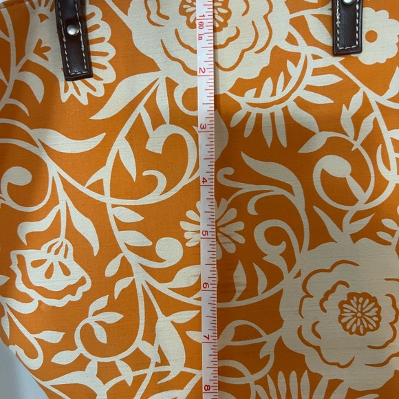 Tote Bag Orange Cream medium sized floral and swirled leaves brown handles - Picture 10 of 10